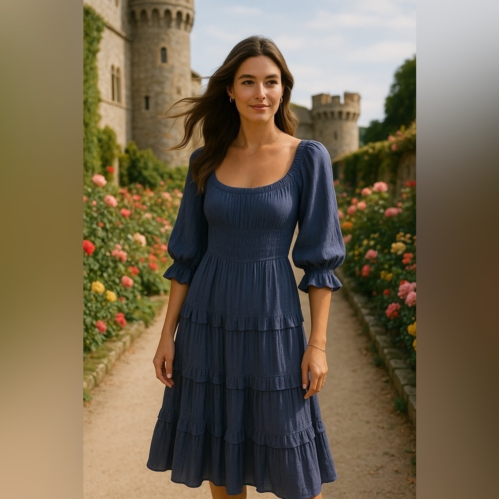 Mittoshop Midi Dress Summer Autumn Puff Sleeve Smocked Tier Cottagecore Prairie